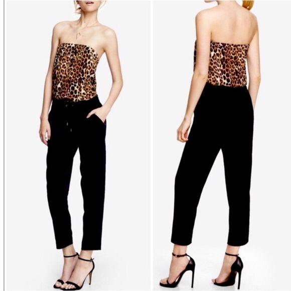 Express Leopard Print Strapless Tie Waisted Black Bottom Pockets Jumpsuit XS Nwt - Picture 1 of 5